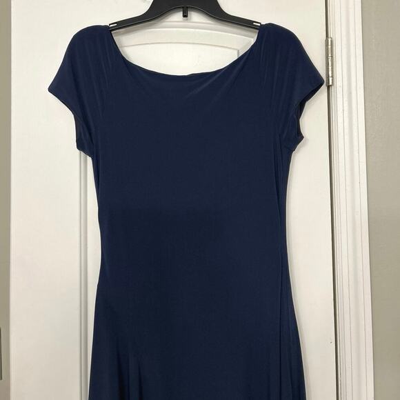Evan Picone Blue Jersey Ruched Cap Sleeve Fit To Flare Asymmetrical Dress 10 - Picture 9 of 15